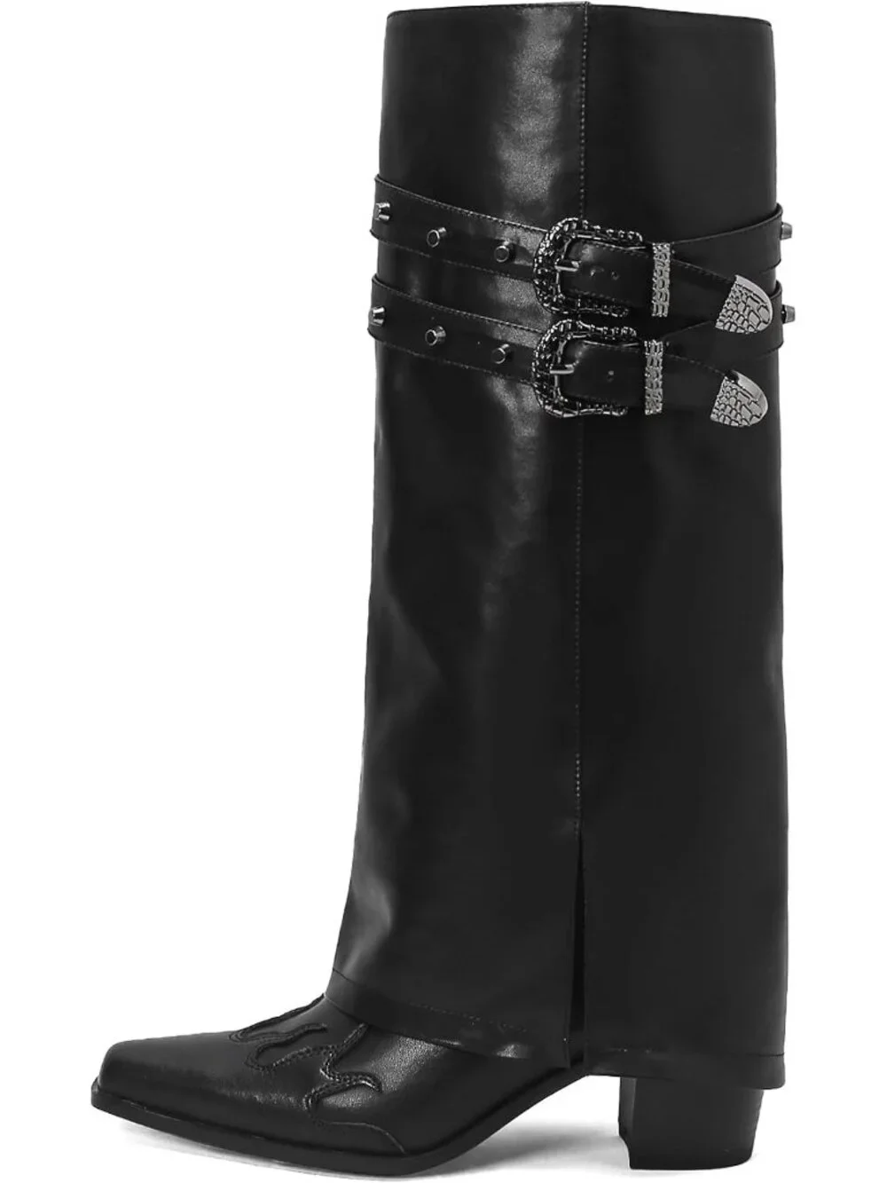 Women's Black Pointed Toe Block Mid Heel Fold Over Wide Calf Knee High Boots